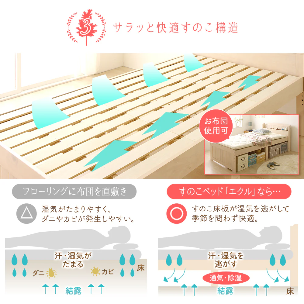 カントリー調ベッド『Ecruエクル』ミドルタイプ[床下20～32cm] ホワイトウォッシュ - Image 7