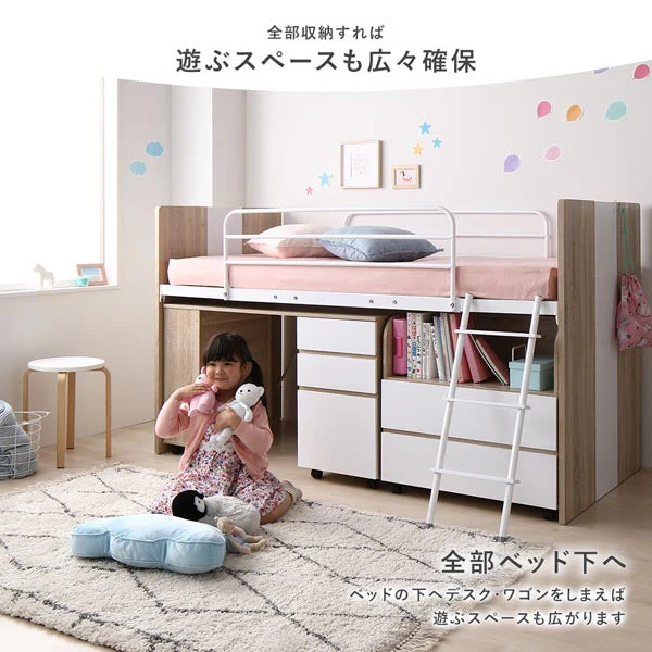 デスク・ワゴン付き コンパクトロフトベッド ブラウン - Image 4