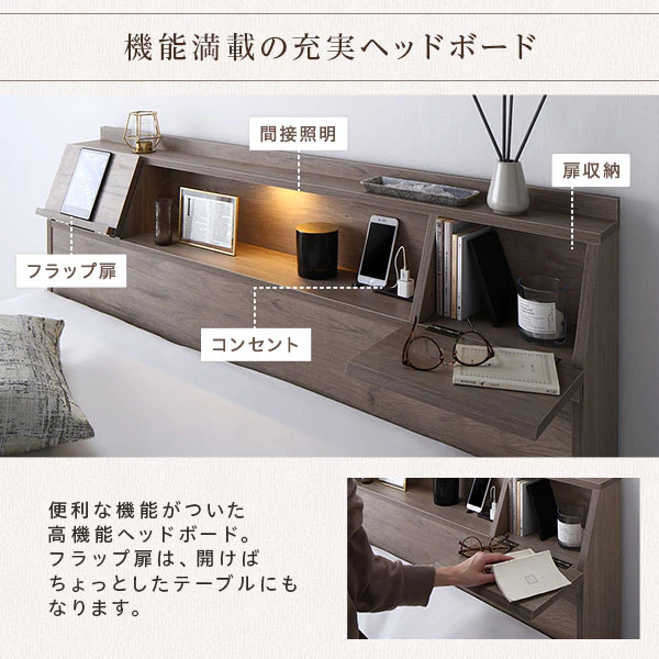 LED照明＆多機能ヘッドボード・引き出し収納付き『Rebertio リバーティオ』 グレージュ - Image 10