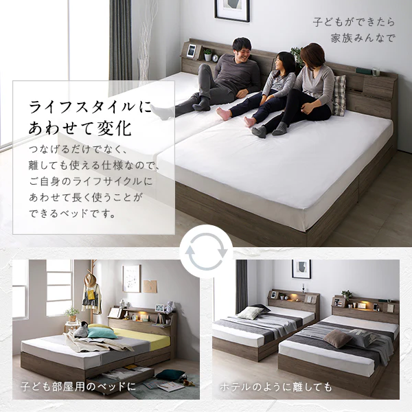 LED照明＆多機能ヘッドボード・引き出し収納付き『Rebertio リバーティオ』 2台セット ストーングレー - Image 12