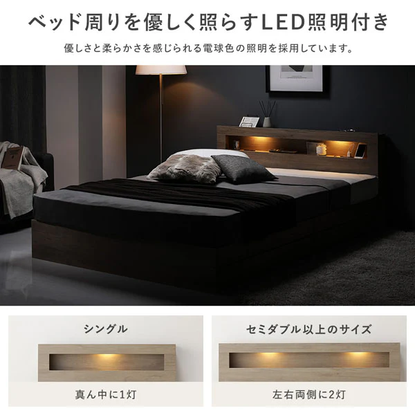 ホテルスタイルベッド LED照明・引き出し収納付き 2台セット『Rizon ライゾン』ブラック - Image 6